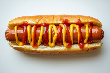 Delicious hot dog topped with ketchup and mustard on a soft bun ready to be enjoyed at a summer barbecue