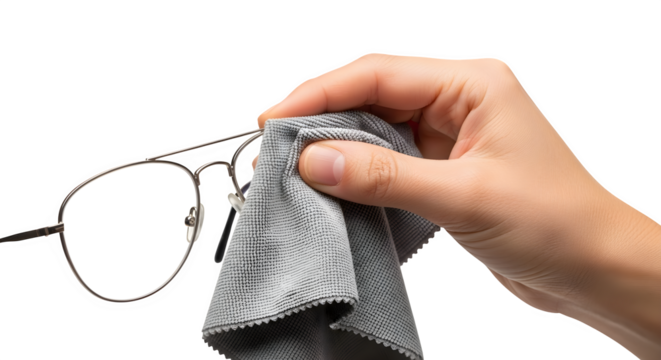 Hand cleaning eyeglasses with a microfiber cloth