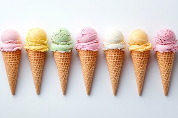 Colorful ice cream cones lined up on a white surface ready for a summer treat or dessert