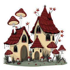 Cozy whimsical houses with red roofs and mushrooms, surrounded by grass and autumn leaves.