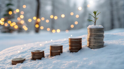 A winter landscape with stacks of coins partially covered in snow. Christmas atmosphere representing sustainable financial growth and hope for the new year.
