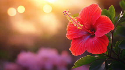 Stunning red hibiscus flower basking in warm golden sunlight, a tropical paradise dream, perfect for summer designs, invitations, and vibrant backgrounds