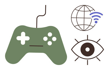 Green gaming controller, globe with wireless signal, and an eye symbolize gaming, internet connectivity, surveillance, and technology. Ideal for gaming, online streaming, global tech innovation