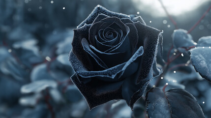 Elegant black rose glistening with dew, perfect for sophisticated designs and evocative projects, a captivating floral accent with a touch of mystery