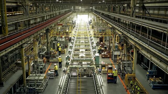 Large industrial automotive factory with workers overseeing machinery and vehicles moving along a fully automated assembly production system