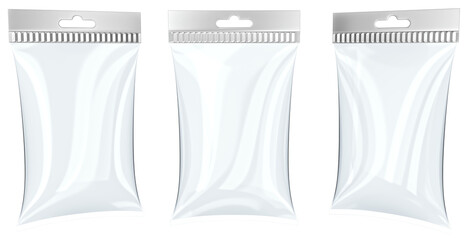 White glossy pouch mockup with hang slot. 3d illustration set transparent background