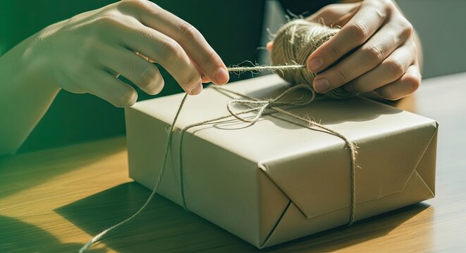 Hands Wrapping a Gift Box with Twine for Presentation
