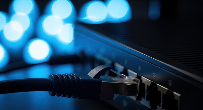 Network connectivity device with connected cable and bokeh lights - Powered by Adobe