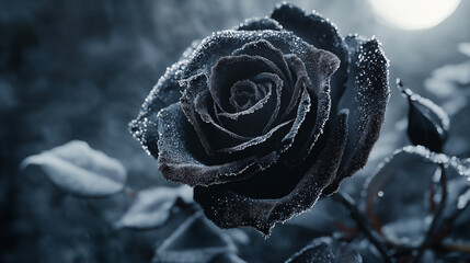 Stunning blue rose shimmering with delicate frost crystals in winter light, a symbol of unique beauty and serene elegance for magical designs