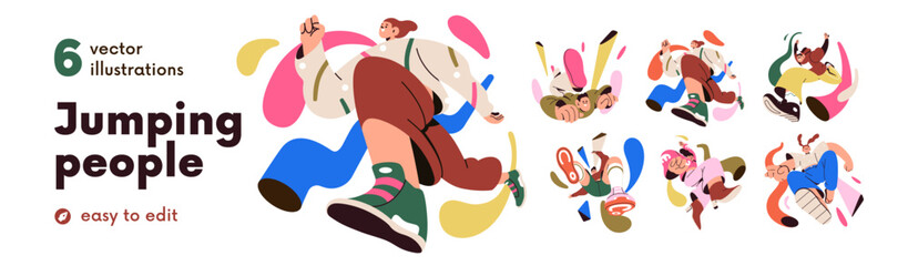 Happy people jumping up set. Free young men and women flying with fun, joy. Energy, freedom, enthusiasm, new heights, goals, aspirations concept. Flat vector illustrations isolated on white background