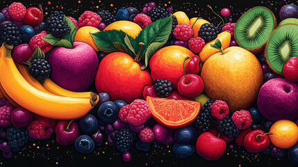 Vibrant fruit medley bursting with freshness, a colorful arrangement for healthy living campaigns or eye-catching food blog designs, perfect for nutrition themes.