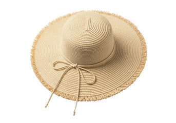 Elegant straw sun hat with bow isolated PNG, fashionable summer headwear for beach vacation and sun protection on transparent background