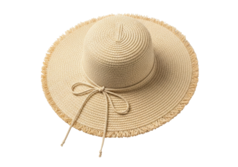 Elegant straw sun hat with bow isolated PNG, fashionable summer headwear for beach vacation and sun protection on transparent background