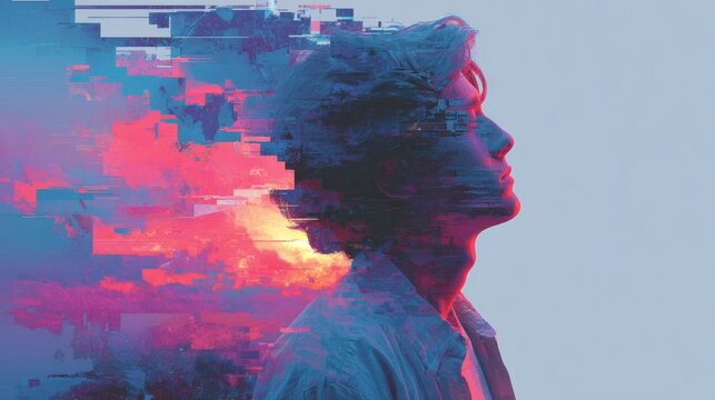 Profile of a young Caucasian man with short hair, digital glitch effect distorting the right side of his face and head, abstract technology concept.