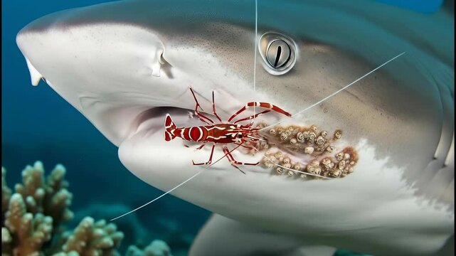 Cleaner Shrimp Removes Parasites From Shark's Mouth