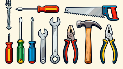 A collection of maintenance tools, cartoon hand-drawn vector illustrations, hammers, screwdrivers, wrenches, pliers, tape measures, screws, and screwdrivers