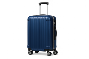 Blue hardshell rolling suitcase ready for travel, baggage for journey and vacation, transparent background
