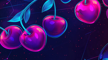 Vibrant neon cherries pop against a cosmic background, creating a retro-futuristic vibe perfect for bold designs or playful creative projects now