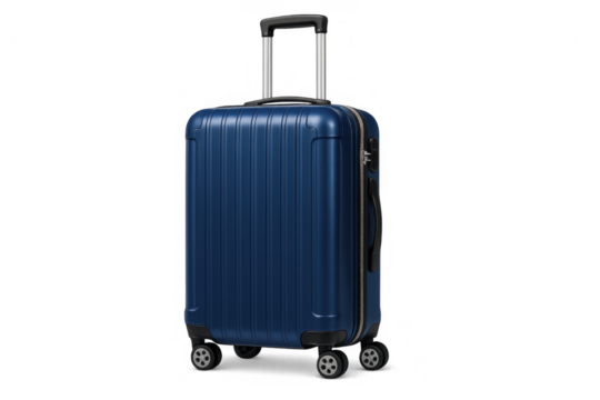 Blue hardshell rolling suitcase ready for travel, baggage for journey and vacation, transparent background