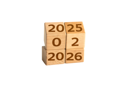 Flipping of 2025 to 2026 on wooden block cube PNG Image