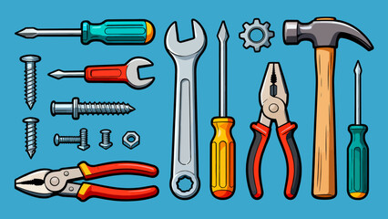 A collection of maintenance tools, cartoon hand-drawn vector illustrations, hammers, screwdrivers, wrenches, pliers, tape measures, screws, and screwdrivers