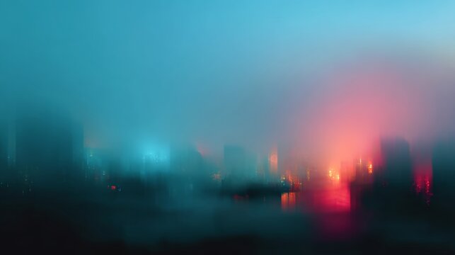 A blurred cityscape at night with colorful lights. The scene is shrouded in fog, creating a mysterious atmosphere. Buildings are faintly visible in the background.