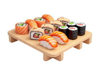 Sushi set on a board on a white background isolated