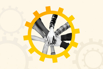 Zine full 3d artwork banner collage of human hands show high-five gesture gearwheel optimization team building success chance