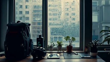 Cozy home workspace with backpack, gadgets, and small plants arranged on a wooden desk beside a rain-covered window overlooking city buildings - Powered by Adobe