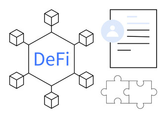 Blockchain network with DeFi text, user profile document, and puzzle pieces, representing decentralized systems, digital identity, collaboration, finance, technology, transparency and simple flat