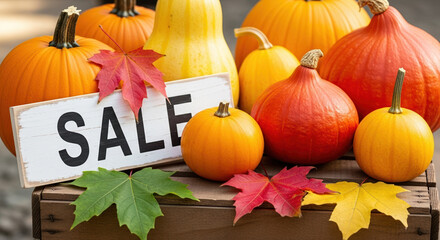 Autumn sale featuring colorful pumpkins with vibrant fall leaves on wooden crate. Autumn sale arrangement shows variety of pumpkins and a promotion for shoppers.