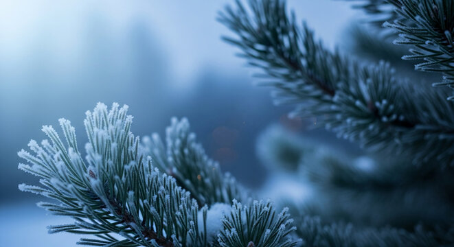 Close-up of evergreen branch covered in frost with a blurred blue background, creating a cold and crisp seasonal aesthetic, suitable for winter concept