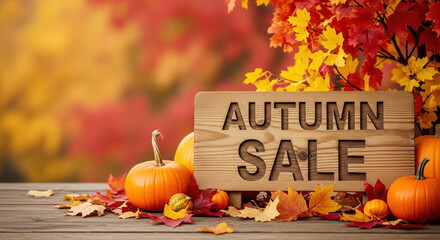 Autumn sale message with vibrant fall foliage and fresh pumpkins, autumn sale is written on rustic wooden sign. Beautiful seasonal arrangement conveys autumn sale event.