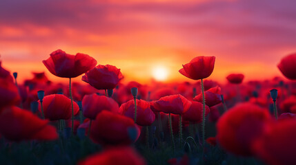 Stunning red poppies bloom under a vibrant sunset sky, creating a serene and beautiful floral landscape, perfect for spring backgrounds and peaceful imagery