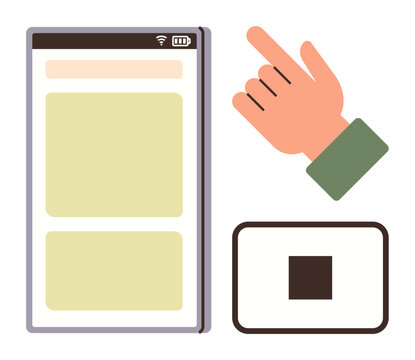 Smartphone screen with blank interface, hand gesture pointing and stop button icon. Ideal for user interaction, UIUX design, mobile apps, responsiveness, functionality, action navigation. Clean