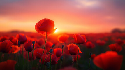 Stunning sunset over vibrant red poppy field, capturing the magic of summer blooms in a warm, inviting landscape with a hopeful, peaceful mood