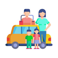 Stylized happy family with car ready for a vacation