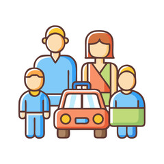 Flat illustration of family with car on black background