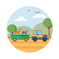 Naklejka premium Stylized vehicle transporting animals through a landscape scene