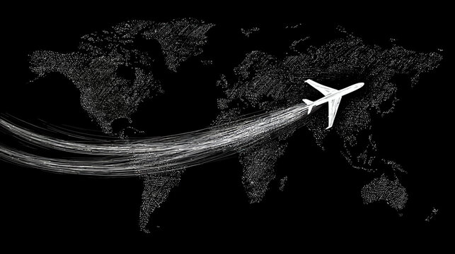 Global flight journey with airplane flying over stylized world map on black background, symbolizing international travel and connectivity