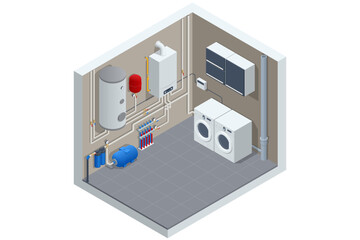 Boiler Room. Isometric illustration of a modern boiler room with heating system, water tank, pipes, and washing machines. Concept of home utilities and energy efficiency