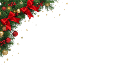 Festive christmas corner with pine, red bows, baubles, and stars