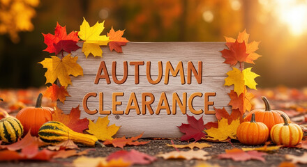 Autumn sale announcement on wooden sign with colorful fall leaves and pumpkins. Autumn sale seasonal promotion with festive autumnal decorations for retail business.
