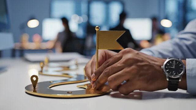 Hands holding flag and map markers with working people at desk