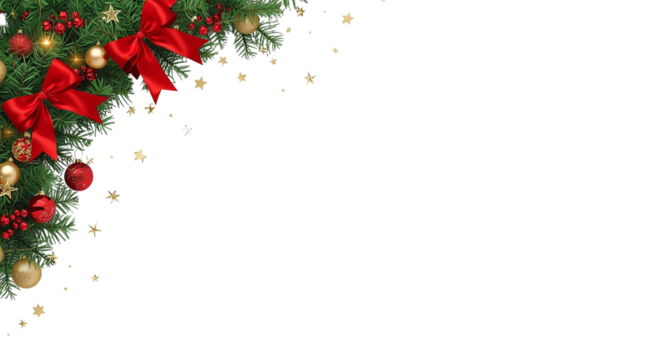 Festive christmas corner with pine, red bows, baubles, and stars