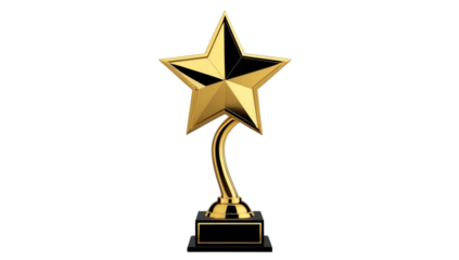 Glossy golden star award trophy with an elegant stand and base