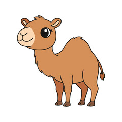 Cute cartoon illustration of a friendly one-hump camel with brown fur and large expressive eyes, standing