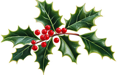 Festive Holly Sprig with Glossy Red Berries and Spiky Green Leaves for Holiday Season Greetings