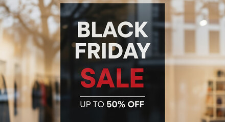 Black Friday sale advertised on store window, tempting shoppers with discounts and deals. Black Friday promotion is prominently displayed,