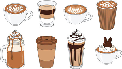 A diverse vector illustration set featuring popular coffee drinks, including fancy latte art, layered macchiato, iced coffee in a mason jar, and decadent whipped cream hot chocolate